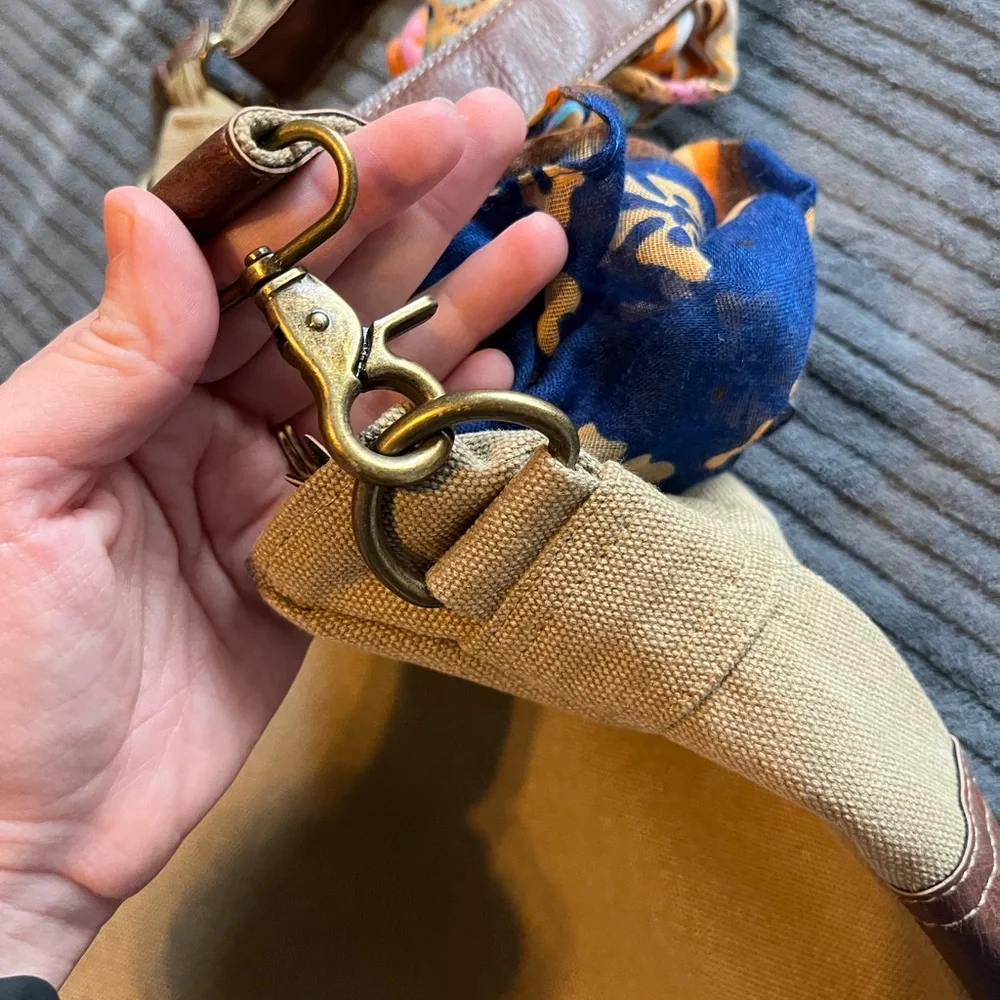 Canvas Hobo Crossbody Bag with Leather Accents - Beige - Picture 7 of 10